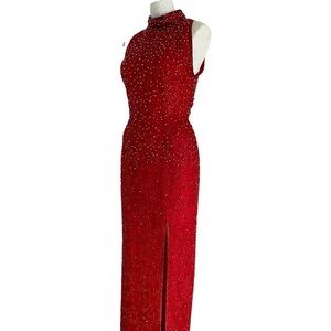 80s 90s vintage sequin dress by Adrianna Papell sequin gown long bead red dress